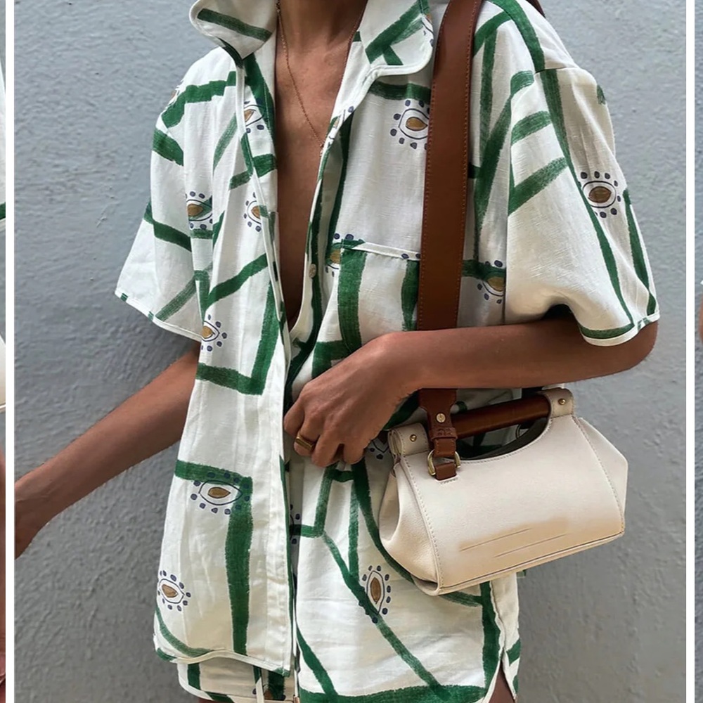 Commense Green and White Geometric Shirt and Shorts Set